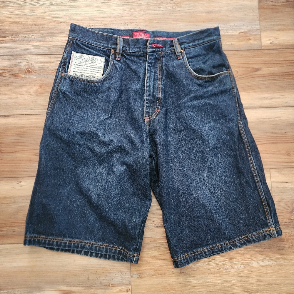 Vintage FUBU Jean Shorts Mens 36 Dark Blue Baggy Denim Jorts